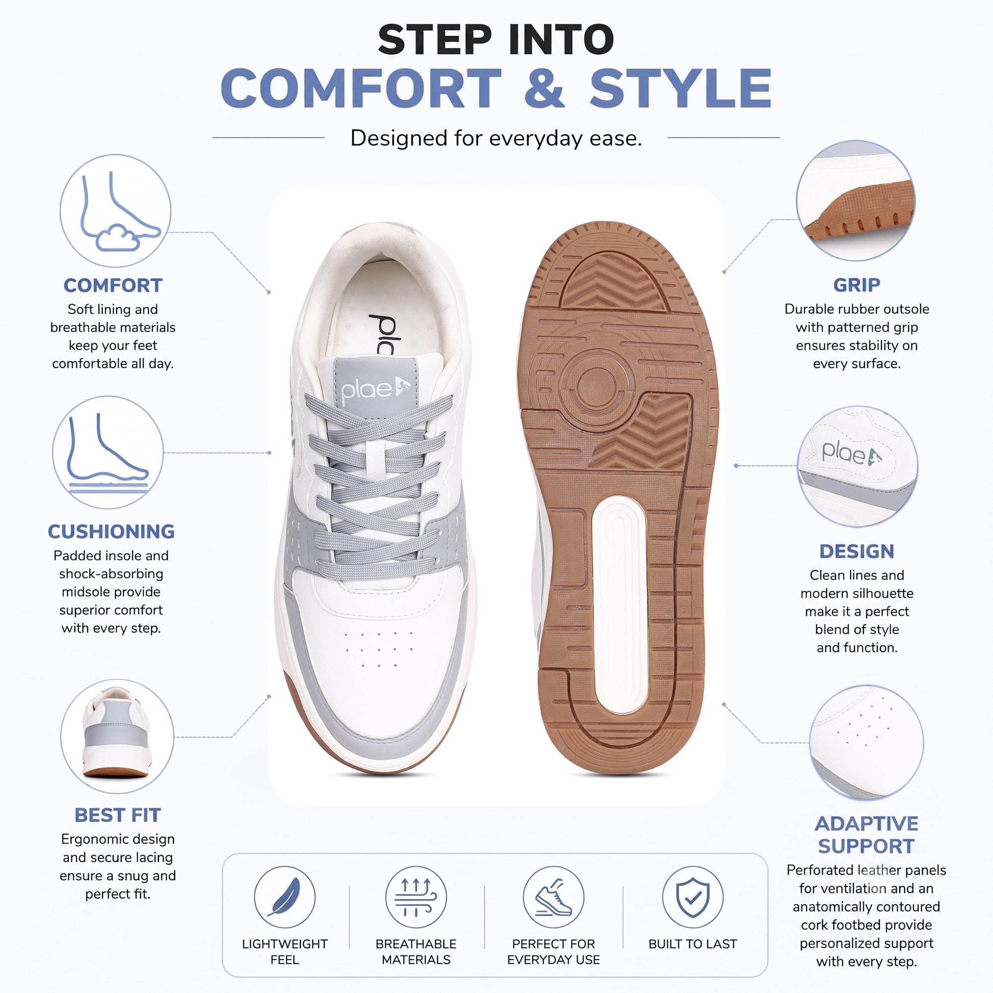 PLAE - Echo Men Lace Up Casual Sneaker – White/Grey